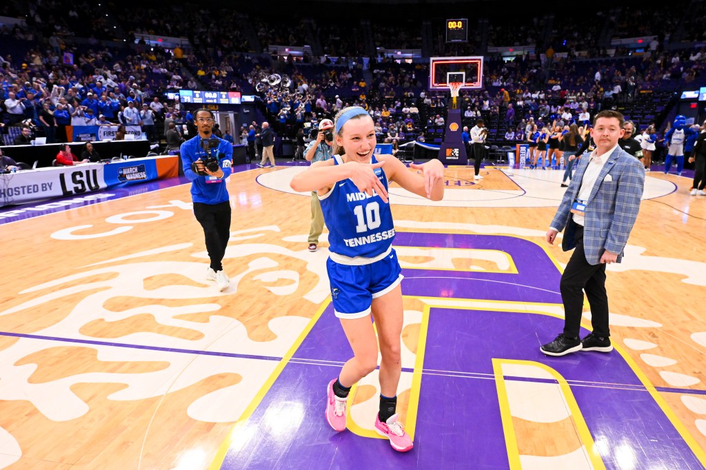 Jalynn Gregory of the Middle Tennessee Blue Raiders celebrates during the first round of the 2024 NCAA Women's Basketball Tournament held at Pete Maravich Assembly Center on March 22, 2024 in Baton Rouge, Louisiana.