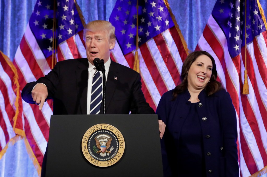 RNC Chairwoman Ronna McDaniel and President Donald Trump at a fundraising event in New York, December 2, 2017