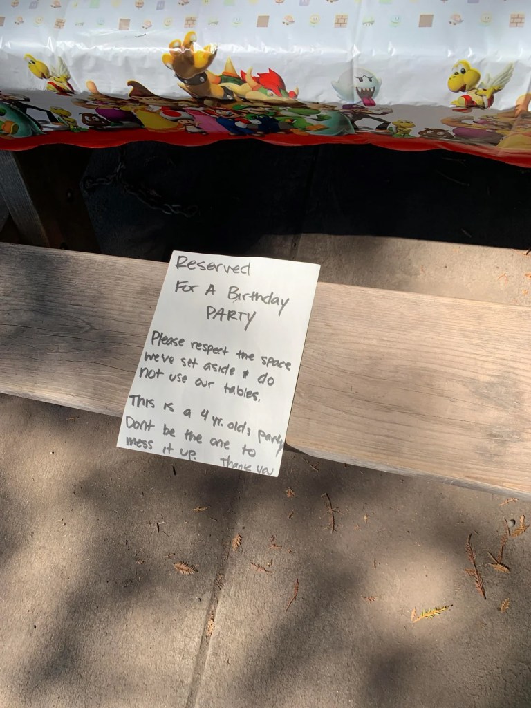 A post on an online advice forum has shamed parents for reserving tables at their local park for their toddler's birthday recently.