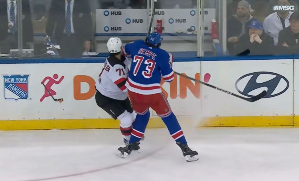 Rangers rookie Matt Rempe elbowed Devils defenseman Jonas Siegenthaler in the head Monday night.