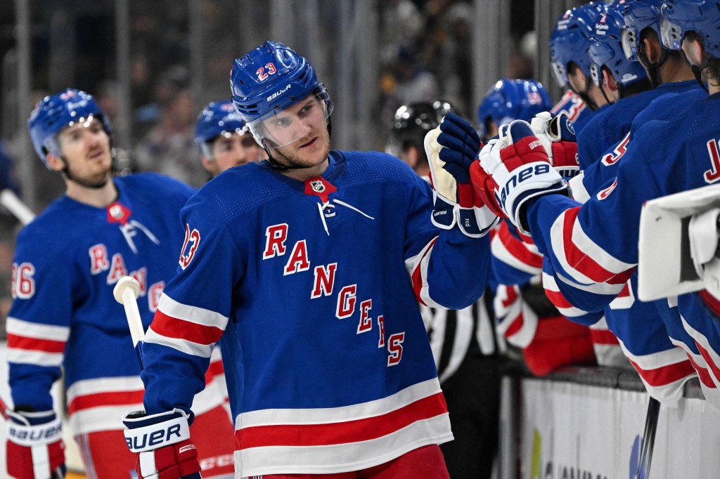 New York Rangers defenseman Adam Fox (23) reacts after scoring a goal against the Boston Bruins during the third period at the TD Garden. 