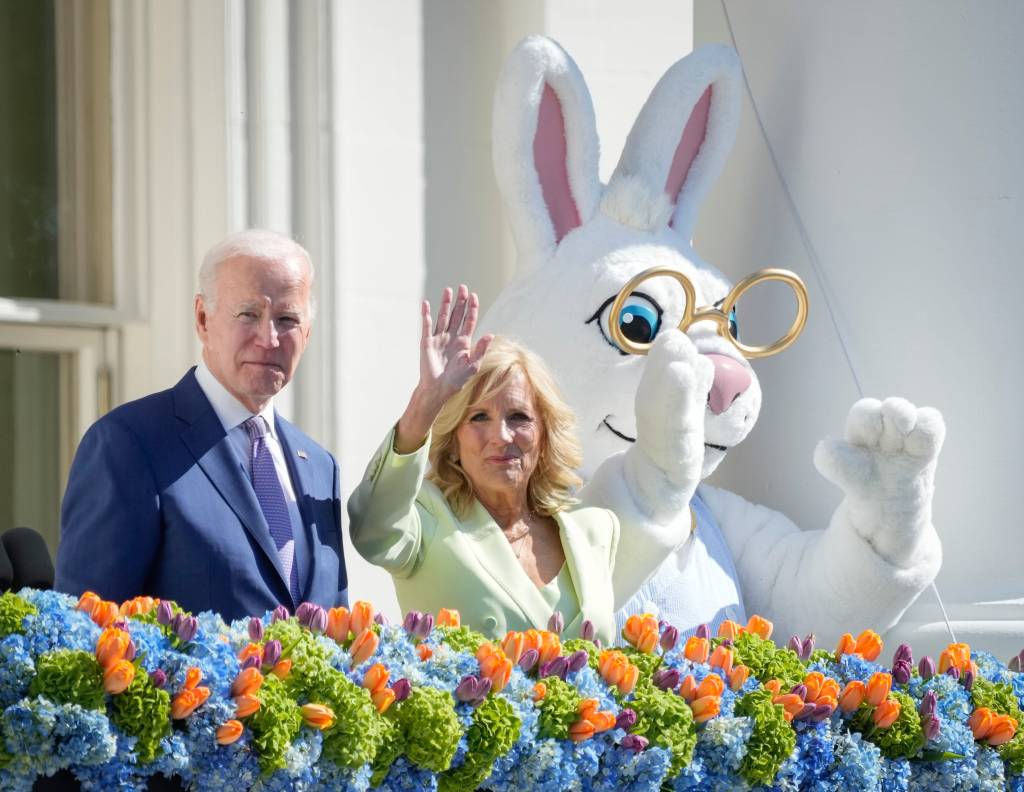 President Joe Biden and First lady Jill Biden welcome people to the annual Easter Egg Roll on the South Lawn of the White House on Monday, April 10, 2023