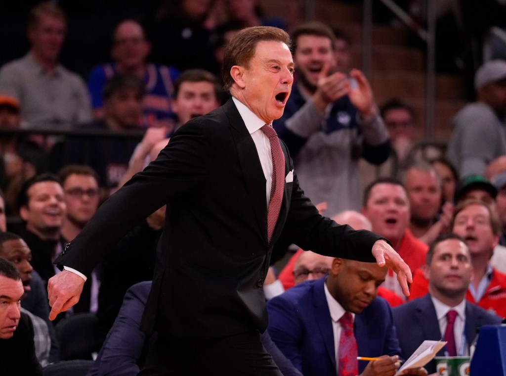 St. John's Red Storm head coach Rick Pitino reacts against the Connecticut Huskies during the first half at Madison Square Garden.