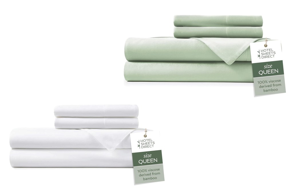 A close-up of a stack of white sheets and green sheets size queen