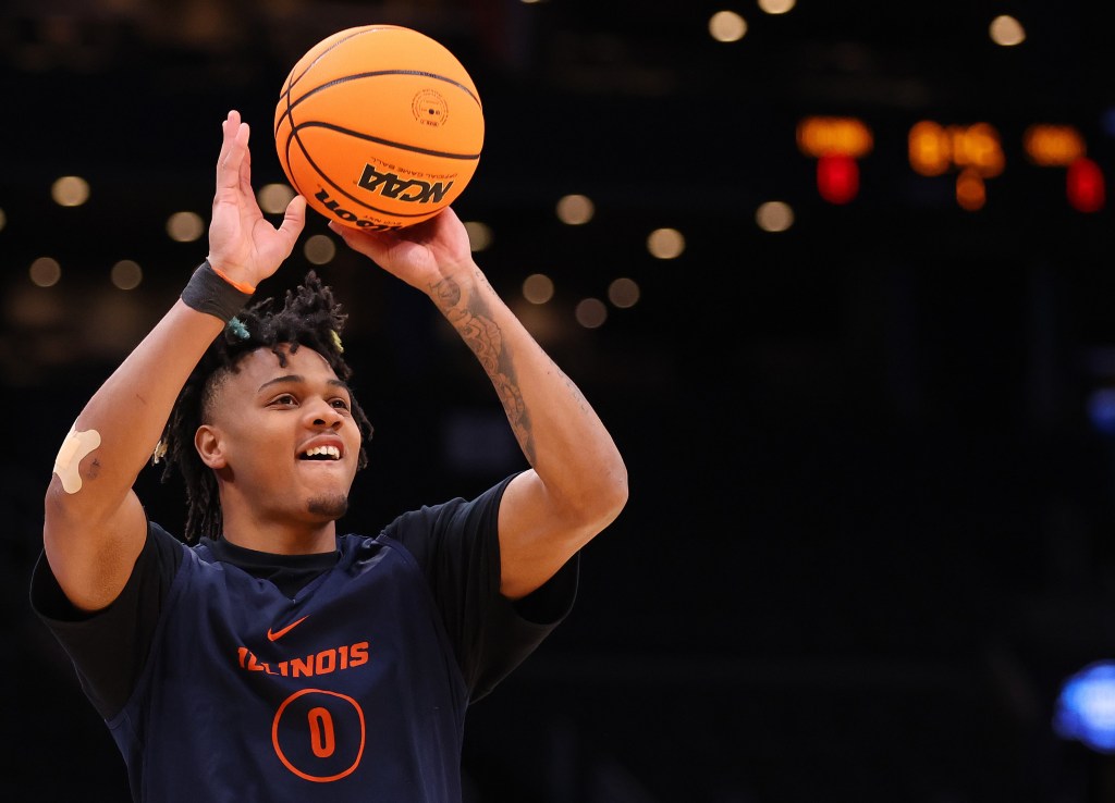 Terrence Shannon shoots a jumper during practice before Illinois' Sweet 16 game against Iowa State.