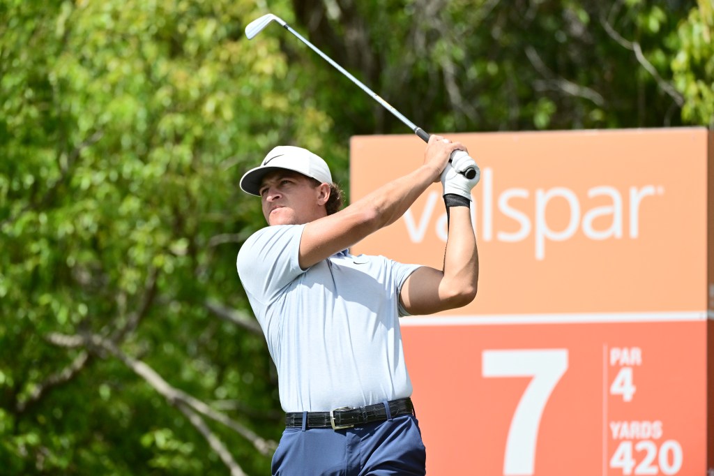 Cameron Champ of the United States plays his shot from the seventh tee during the final round of the Valspar Championship.