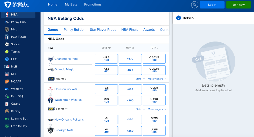 Examples of NBA moneylines at FanDuel Sportsbook. 