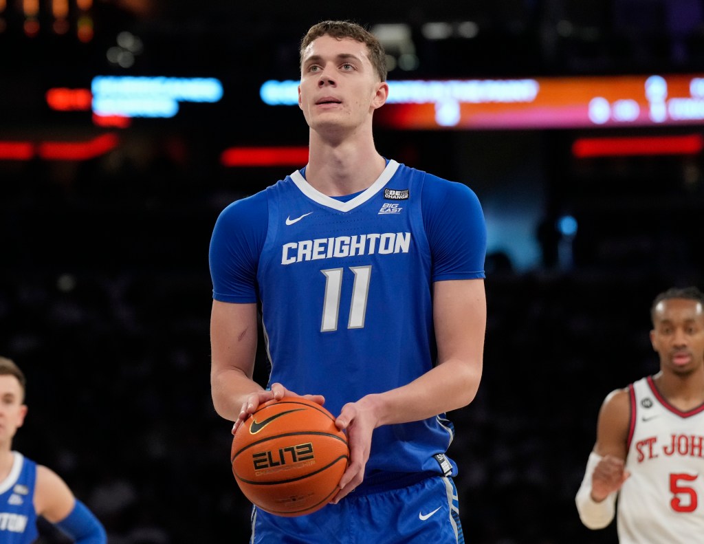 Ryan Kalkbrenner #11 of the Creighton Bluejays shoots a free throw during the game against the St. John's Red Storm at Madison Square Garden.