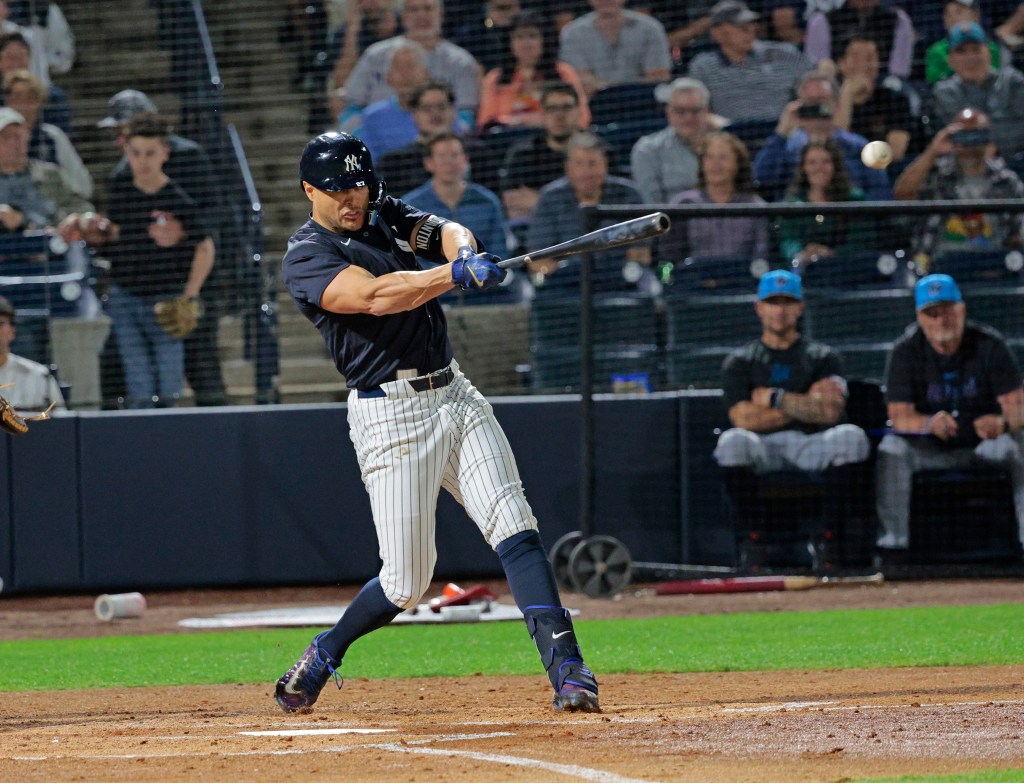 Giancarlo Stanton hitting a single in the second inning against the Marlins on Thursday night.