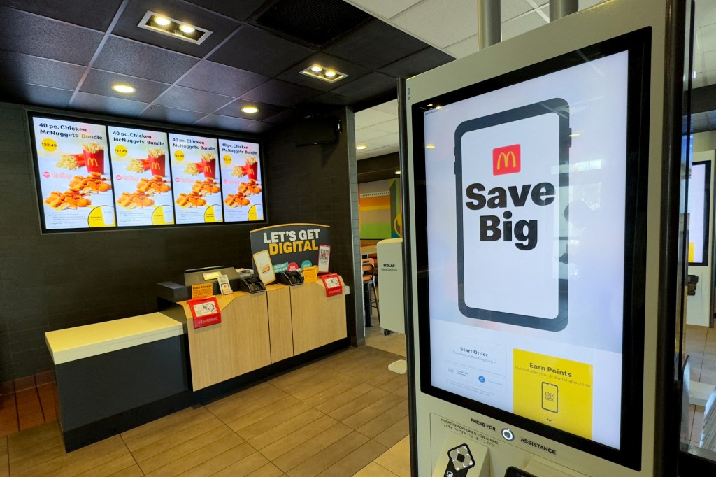 An automated screen to select and order your food is shown at a McDonaldâs restaurant, as California begins a new wage law that applies to fast-food chains with at least 60 locations nationwide to increase their minimum wage to $20 an hour for fast-food workers, in Del Mar, 
