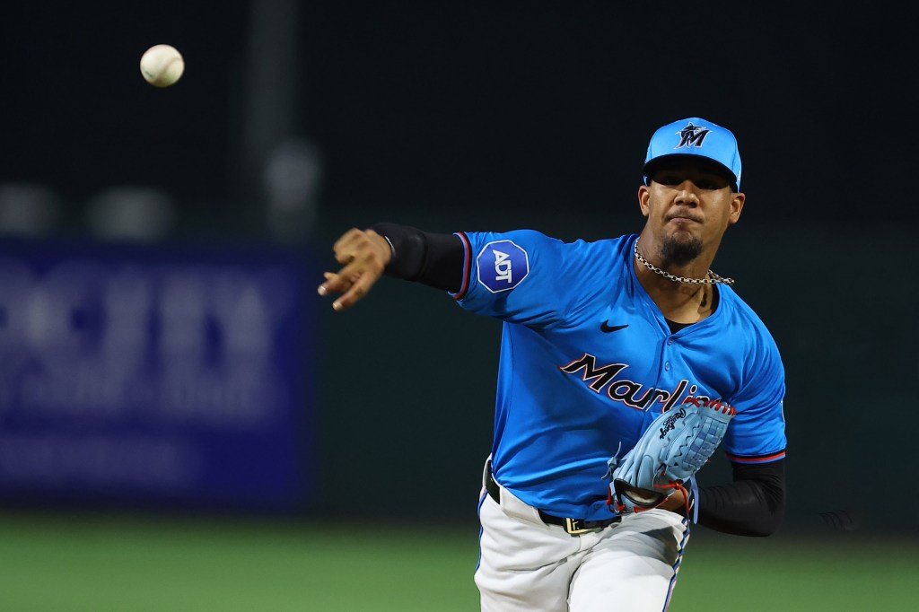 Miami Marlins pitcher Eury Perez #39 throwing a baseball during the first inning of a spring training game against the New York Mets