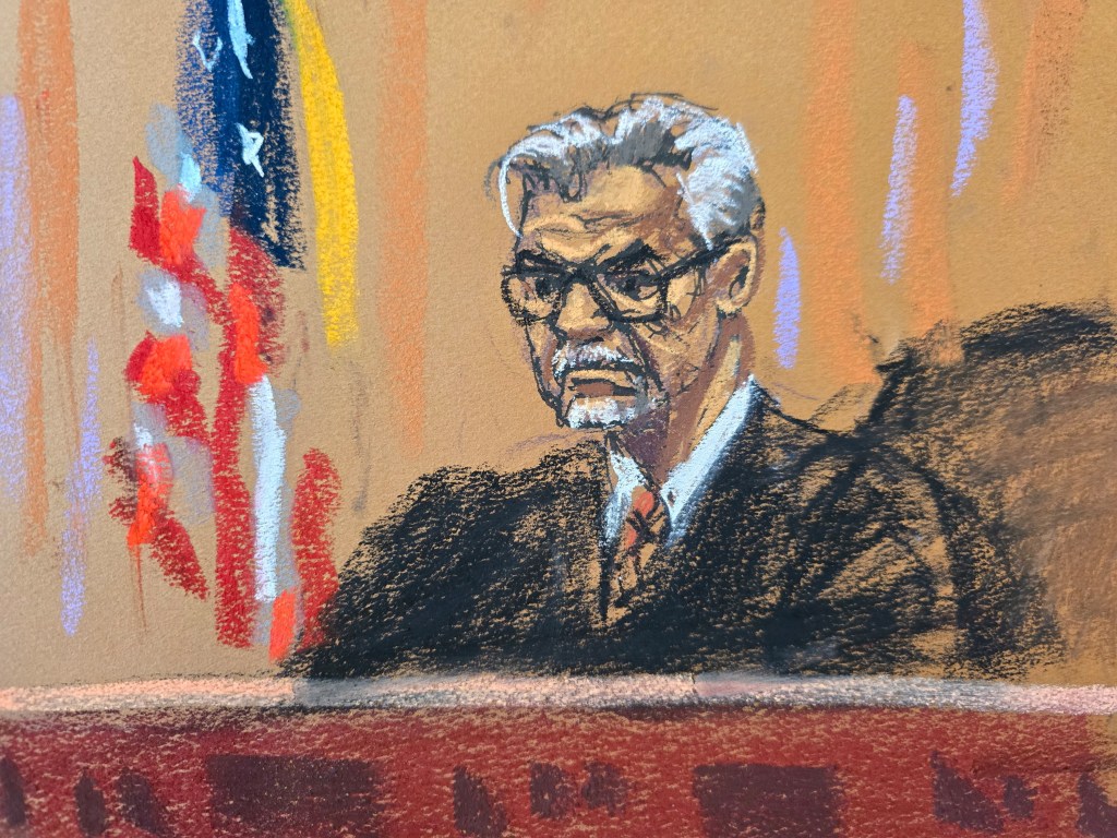 Justice Juan Merchan presides during a hearing before the trial of former U.S. President Donald Trump over charges that he falsified business records to conceal money paid to silence porn star Stormy Daniels in 2016, in Manhattan state court in New York City, U.S. March 25, 2024 in this courtroom sketch.