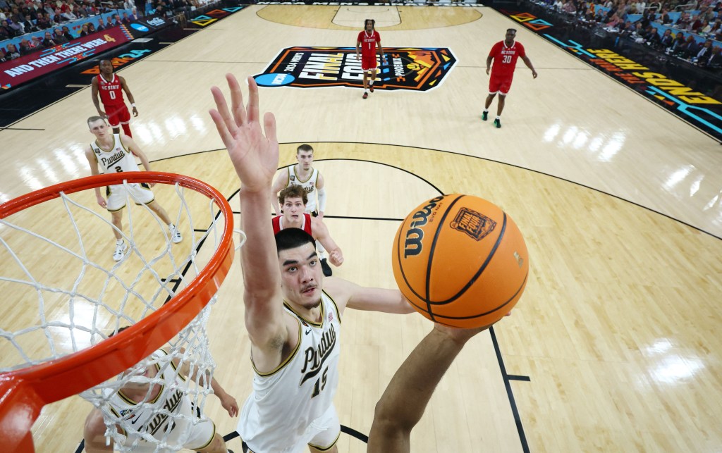 Zach Edey rejects an offering from N.C. State during Purdue's semifinal win on Saturday in Glendale, Ariz.