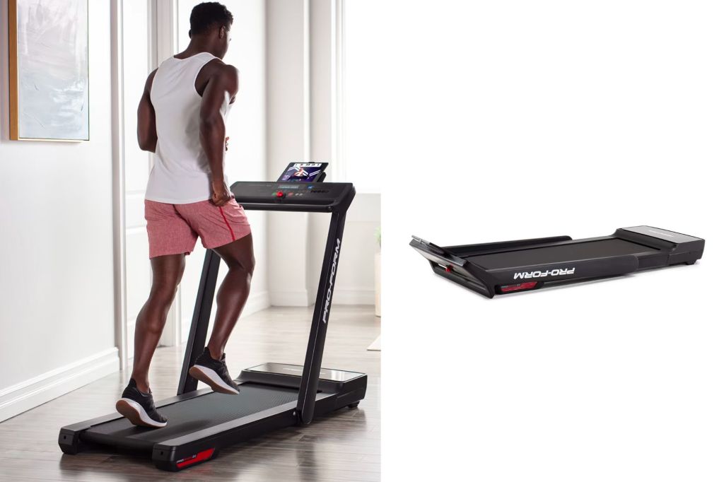 Man on treadmill and treadmill laid flat.