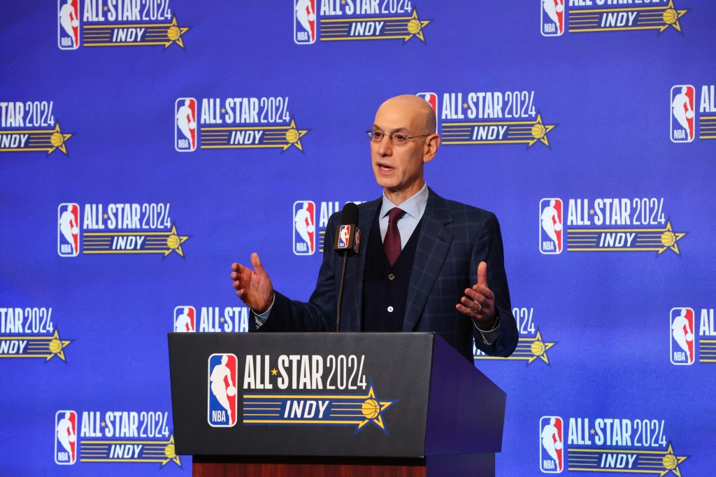 NBA Commissioner Adam Silver speaks to the media at Lucas Oil Stadium on February 17, 2024 in Indianapolis, Indiana.