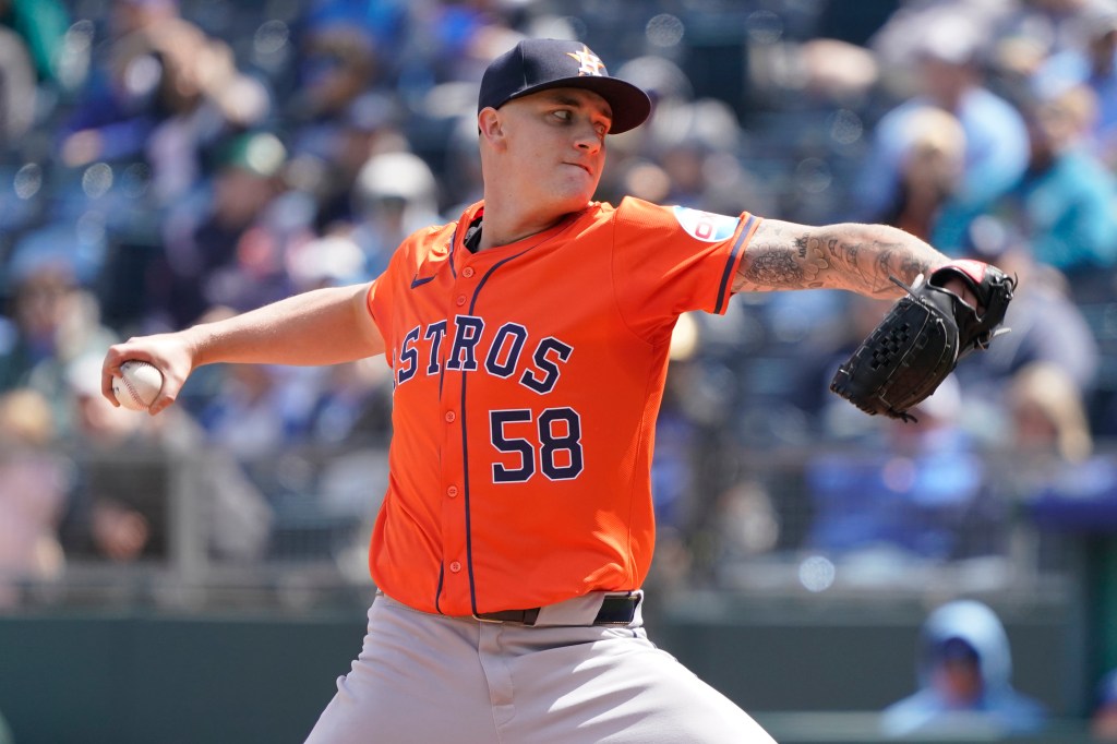 Hunter Brown #58 of the Houston Astros throwing a baseball during a game against the Kansas City Royals, Kauffman Stadium