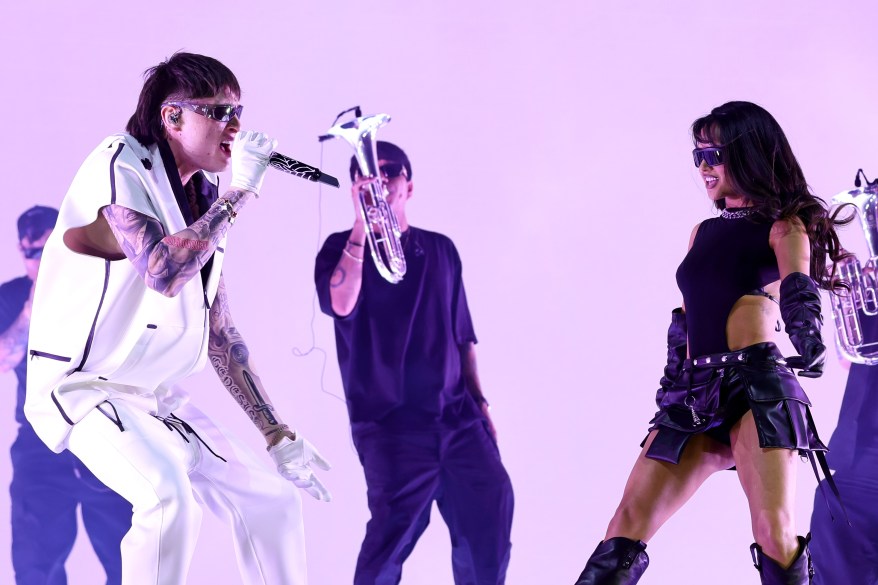 Peso Pluma and Becky G performs at the Coachella Stage during the 2024 Coachella Valley Music and Arts Festival at Empire Polo Club on April 12, 2024.