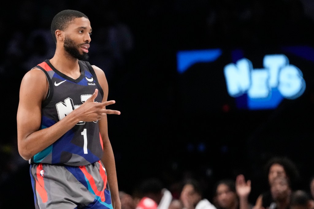 Mikal Bridges of Brooklyn Nets reacting after scoring a 3-point basket against Detroit Pistons, April 6, 2024.