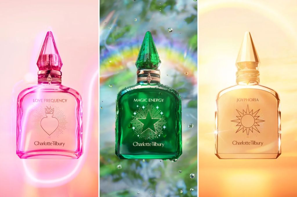 Three of the fragrances from Tilbury's new collection are pictured, including "Love Frequency," "Magic Energy," and "Joyphoria."