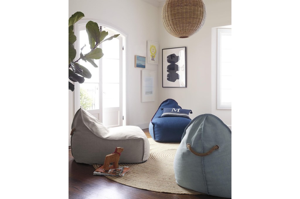 A room with bean bags and a light fixture