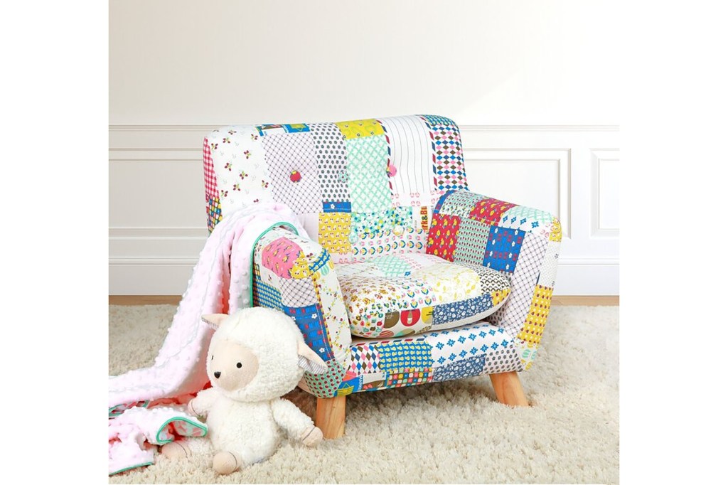 A colorful chair with a stuffed animal on it