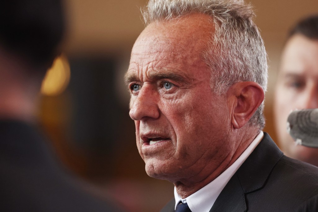 Independent presidential candidate Robert F. Kennedy Jr. speaks to the media at a Cesar Chavez Day event at Union Station on March 30, 2024 in Los Angeles, California.