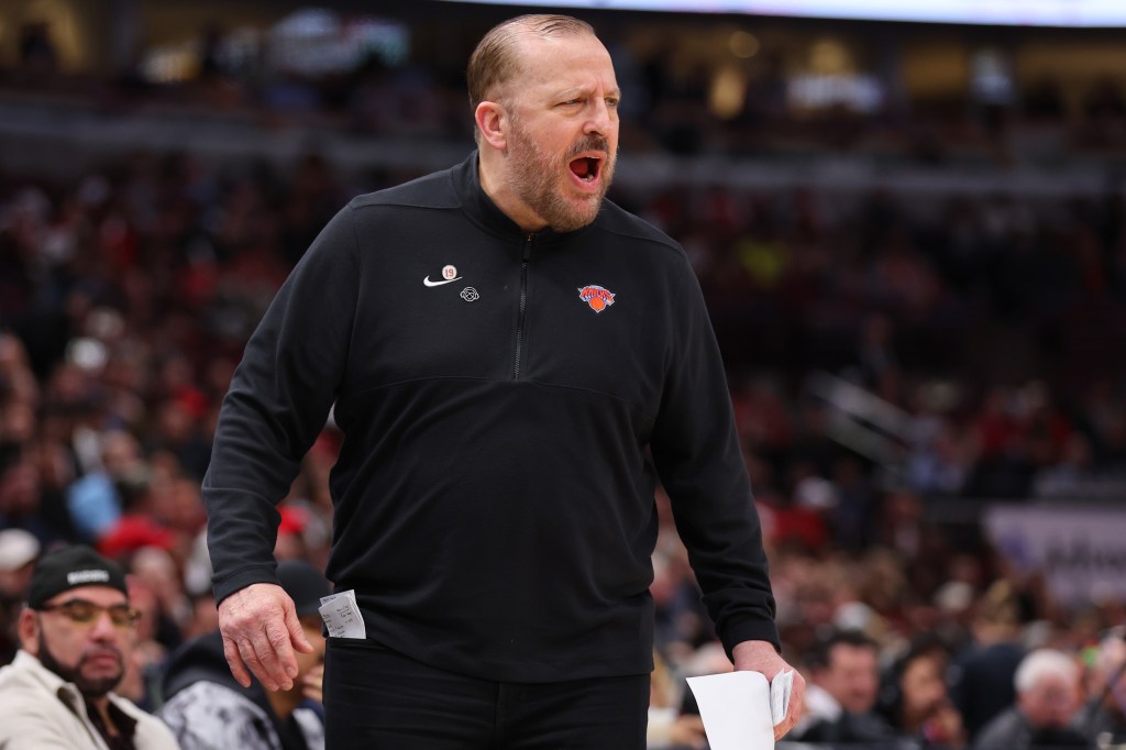 Head coach Tom Thibodeau of the New York Knicks reacts against the Chicago Bulls during the first half at the United Center on April 09, 2024 in Chicago, Illinois.