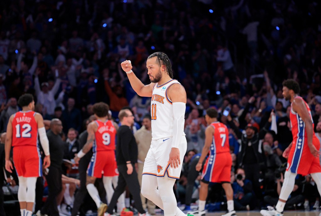 Jalen Brunson celebrates during the Knicks' Game 1 win.