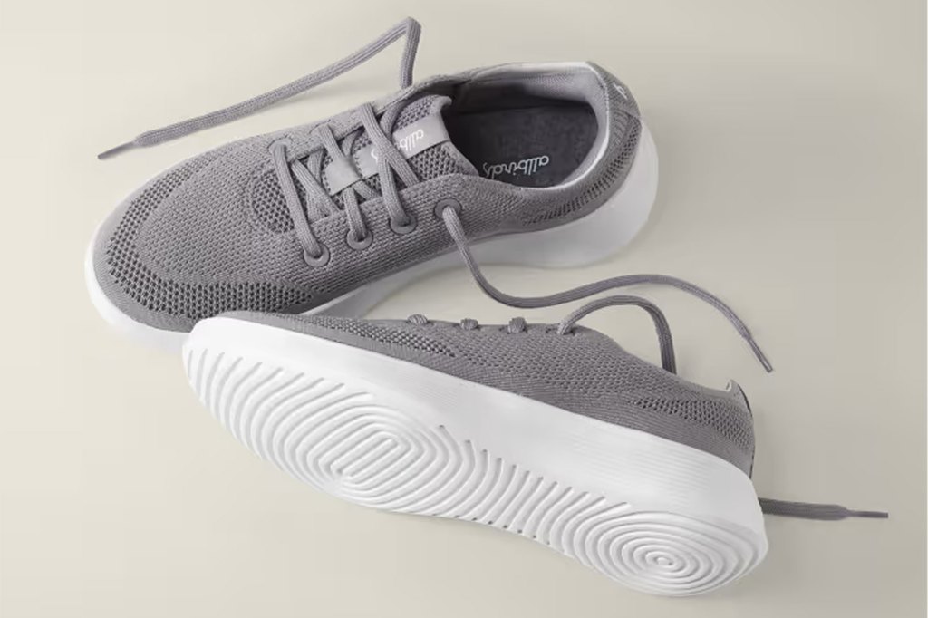 A pair of grey Allbirds Tree Runner sneakers