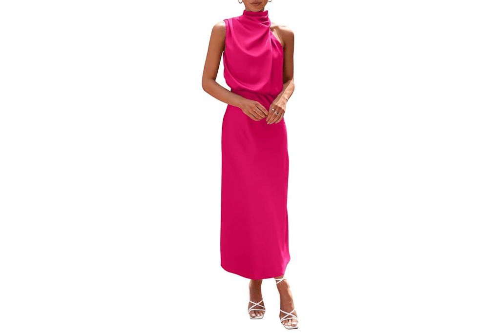 PRETTYGARDEN Satin Sleeveless Mock Neck Maxi Dress