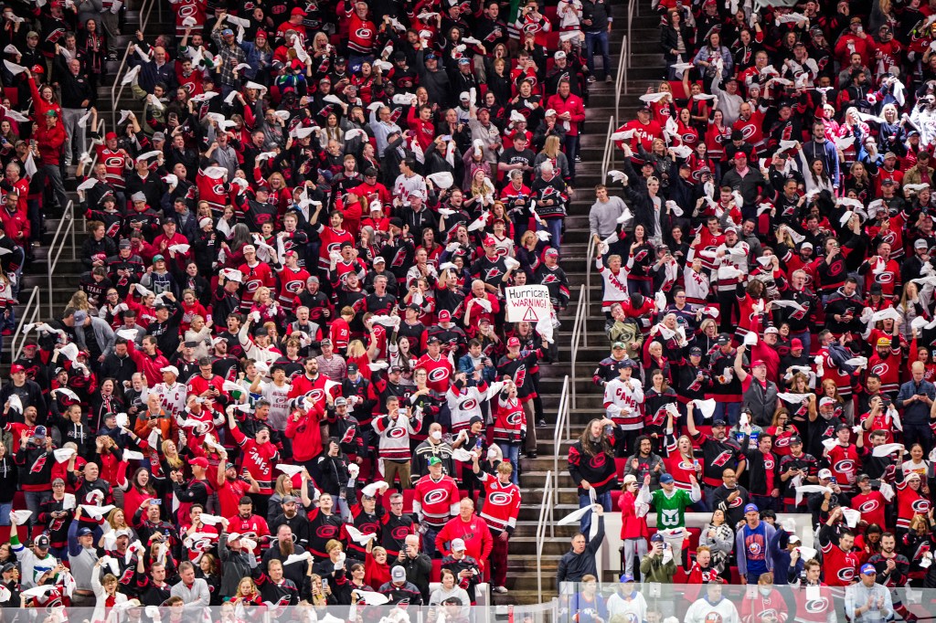 PNC Arena fans cheer on the Hurricanes during Game 2 of their Stanley Cup playoff series against the Islanders.