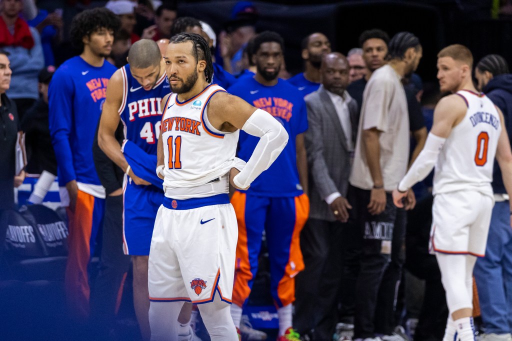 Jalen Brunson #11 of the New York Knicks reacts on the court during the second half.