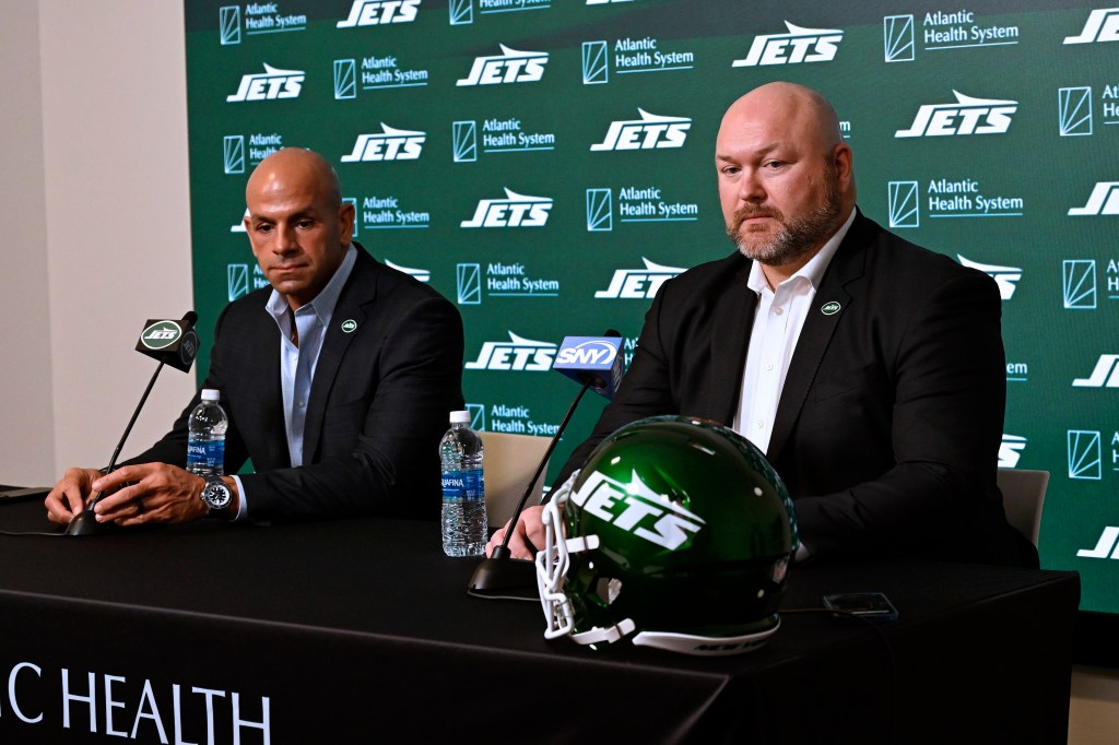 Jets general manager Joe Douglas, right, and coach Robert Saleh speak to the media in Floirham Park, N.J. after their selection in the first round of the NFL draft