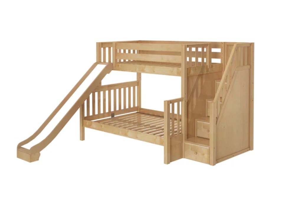 A bunk bed with stairs