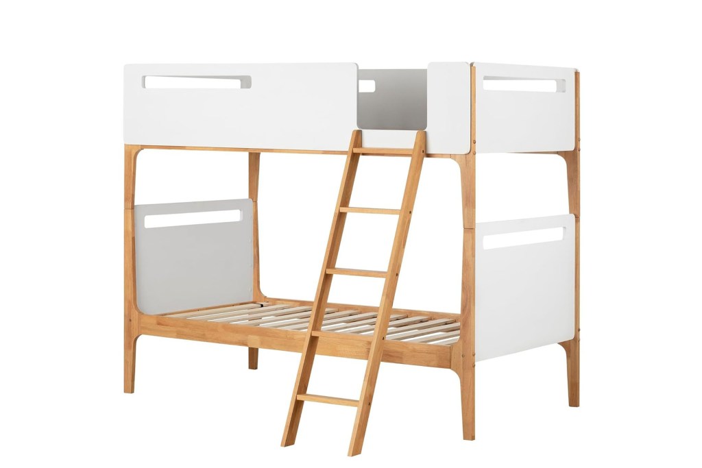 A white bunk bed with a ladder