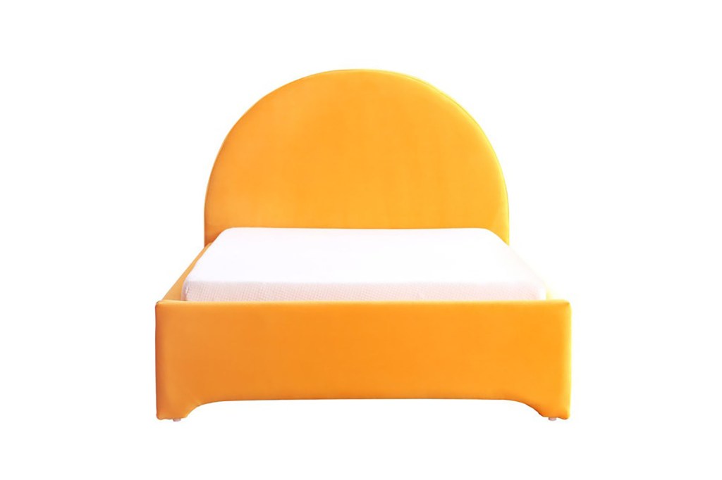 A yellow bed with a white mattress