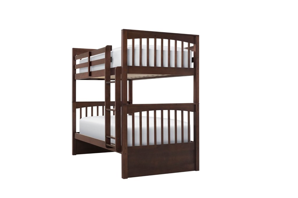 A bunk bed with a white mattress