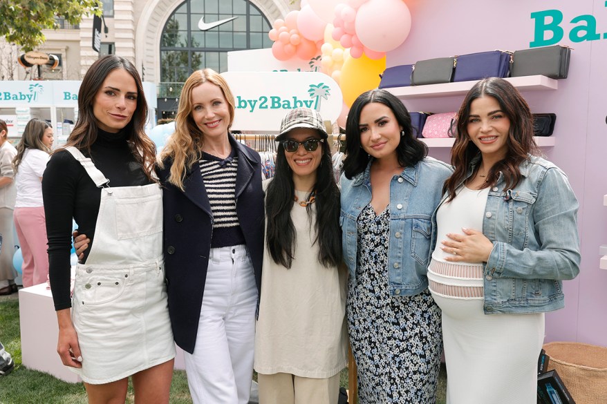 MOTHERING NATURE: Jordana Brewster (from left), Leslie Mann, Ali Wong, Demi Lovato and Jenna Dewan team with Baby2Baby to give away child care supplies and Mother’s Day gifts in LA.