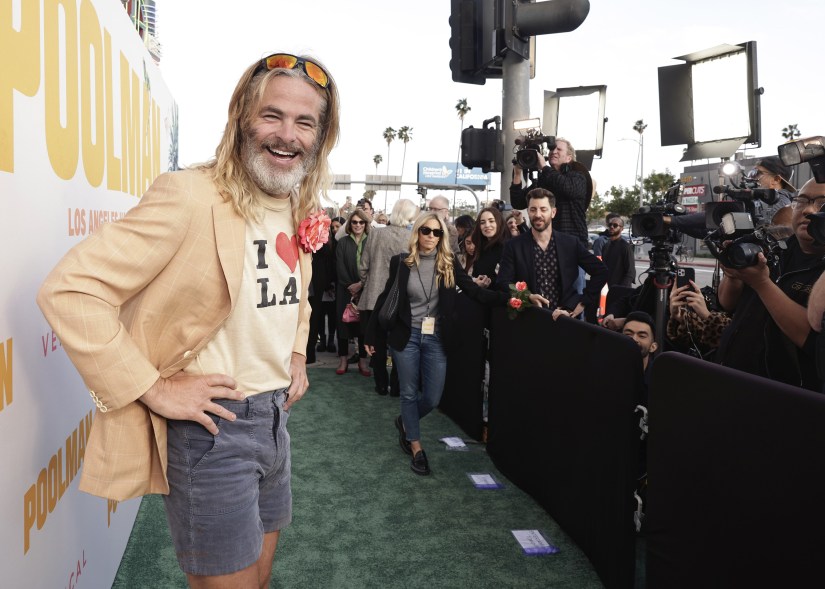 BIG GLAD WOLF: At the Los Angeles premiere of his film “Poolman,” Chris Pine   is a happy, hairy sight.