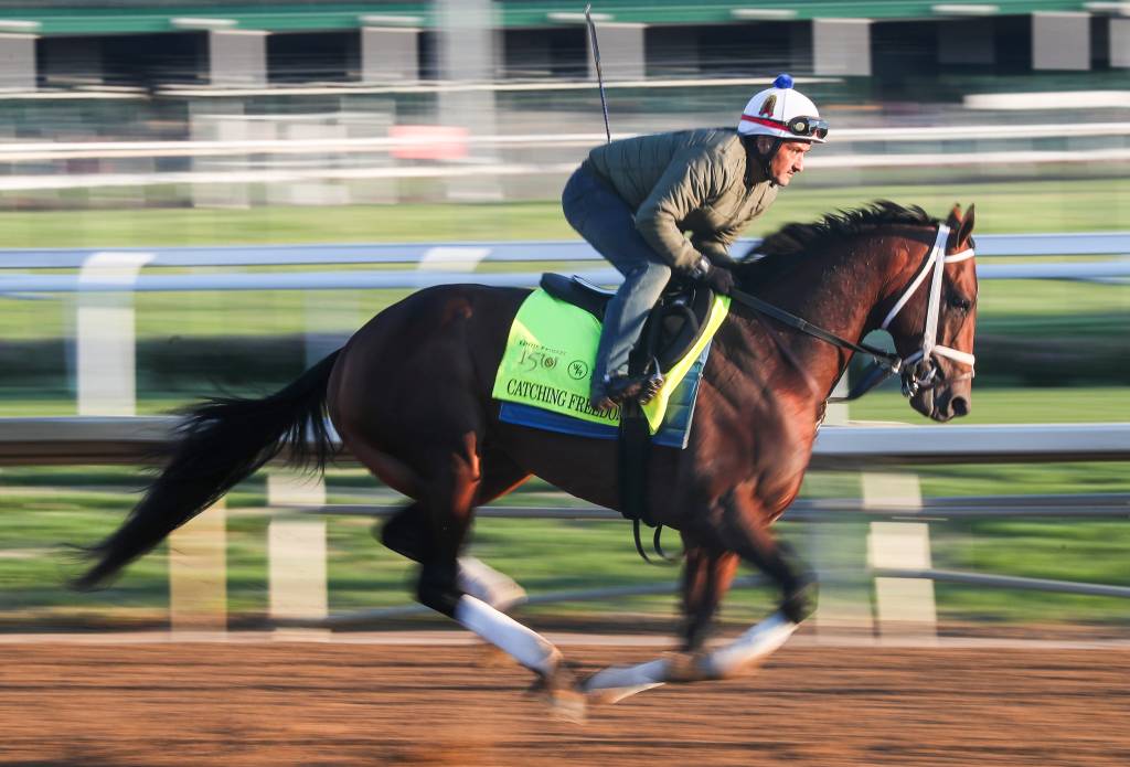 Kentucky Derby contender Catching Freedom trains at Churchill Downs April 25, 2024 in Louisville, Ky. 