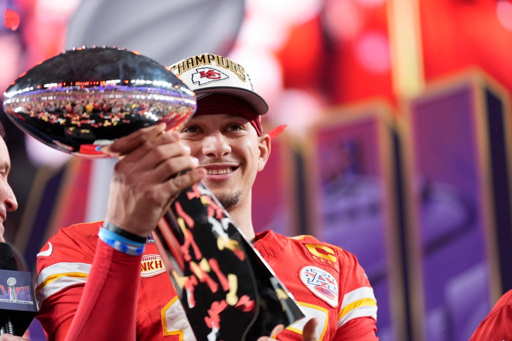 Patrick Mahomes holds the Lombardi Trophy.