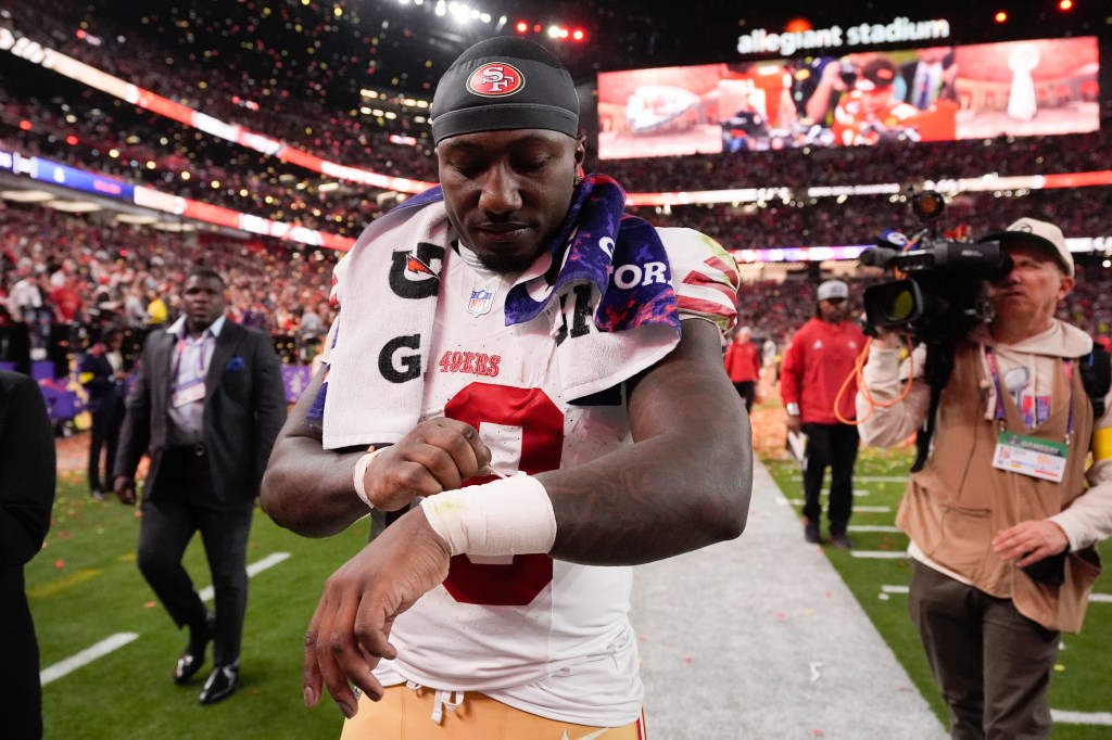 San Francisco 49ers wide receiver Deebo Samuel (19) leaves the field after overtime of the NFL Super Bowl 58 football game against the Kansas City Chiefs Sunday, Feb. 11, 2024, in Las Vegas. 