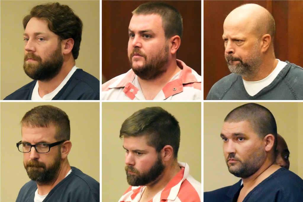 This combination of photos shows, from top left, former Rankin County sheriff's deputies Hunter Elward, Christian Dedmon, Brett McAlpin, Jeffrey Middleton, Daniel Opdyke and former Richland police officer Joshua Hartfield appearing at the Rankin County Circuit Court