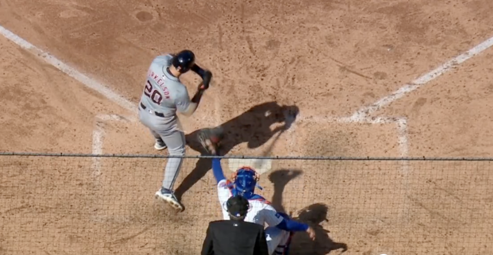 Spencer Torkelson was called for a foul tip on a swing in Game 1 of the doubleheader.