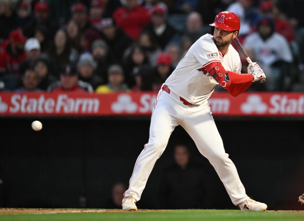 Los Angeles Angels player Nolan Schanuel, wearing number 18, waiting for a pitch during a game against the Boston Red Sox at Angel Stadium