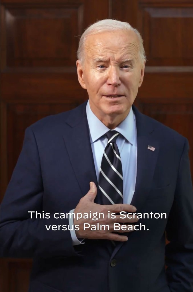 President Joe Biden in suit and tie, representing his presidential campaign as 'Scranton versus Palm Beach', contrasting his grassroots fundraising with Trump's billionaire backers.