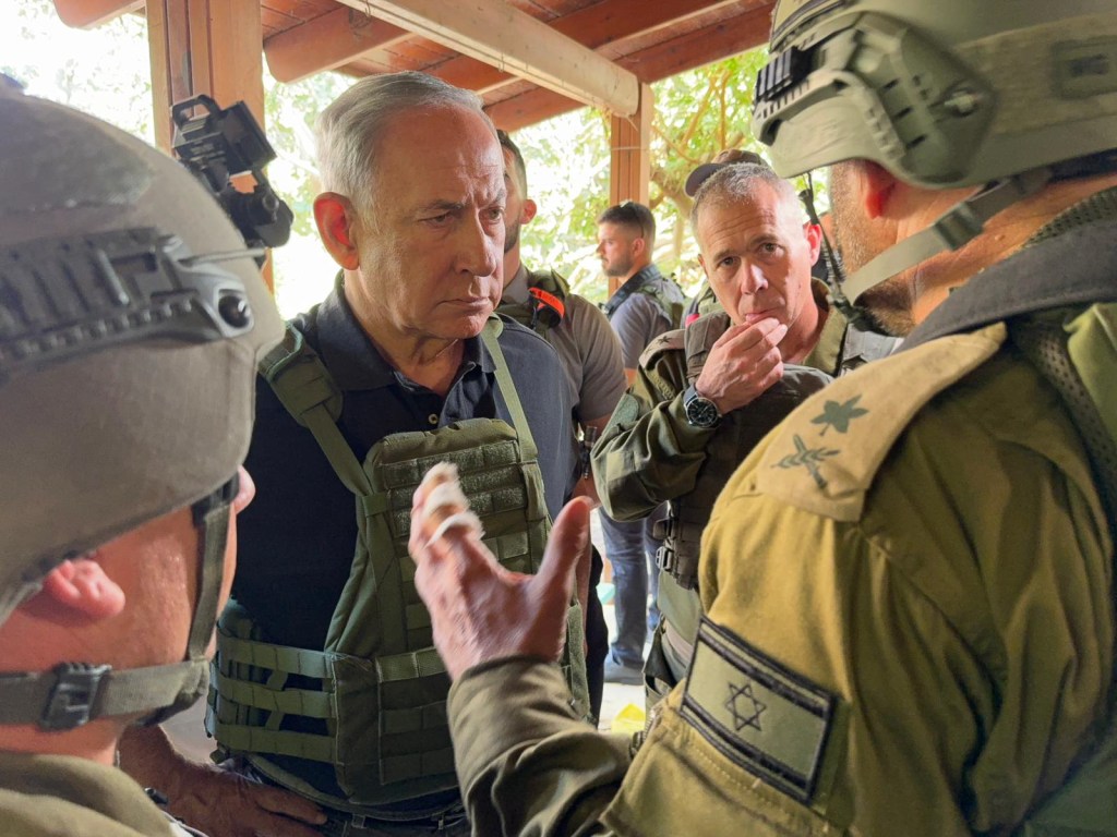 Israeli Prime Minister Benjamin Netanyahu visits the Gaza border touring Kibbutz Beeri and Kibbutz Kfar Aza and viewed ruins of homes where massacres occurred.