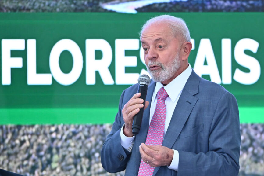 President Luiz Inacio Lula da Silva of Brazil and Minister of the Environment and Climate Change Marina Silva are participating in the launch of the Union with Municipalities Program to Reduce Deforestation and Forest Fires in the Amazon on Tuesday, April 9, 2024. (Photo by Ton Molina/NurPhoto via Getty Images)