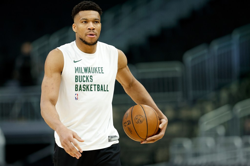 Giannis Antetokounmpo #34 of the Milwaukee Bucks works out before the game against the Memphis Grizzlies.