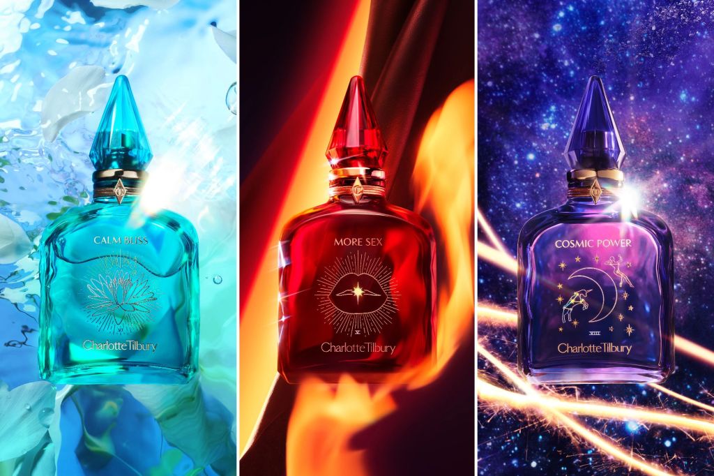 Three of the fragrances from Tilbury's new collection are pictured, including "Calm Bliss," "More Sex," and "Cosmic Power."